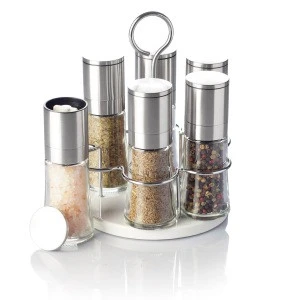 Stainless steel  ceramic grinder glass jar 7 in 1 spice grinder set with Rack