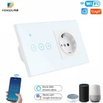 Tuya Smart Life WiFi 3 Gang Voice Control Alexa Switch Timer Function EU LED Light Smart Electric Wall Switch Socket