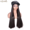 Vigorous Black Straight Wig With Black Hat For Women Heat Resistant Synthetic Hair Extensions