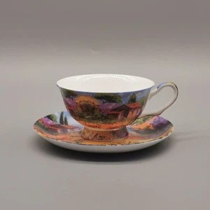 Western art painting style luxury porcelain coffee cup with saucer