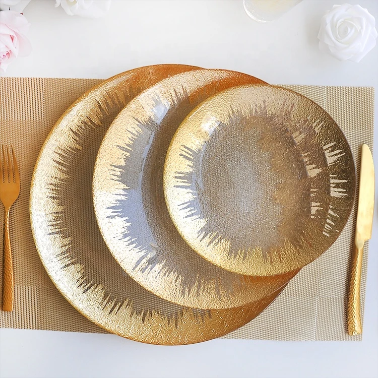 wholesale burst  wedding charger plate glass under plate with gold rim