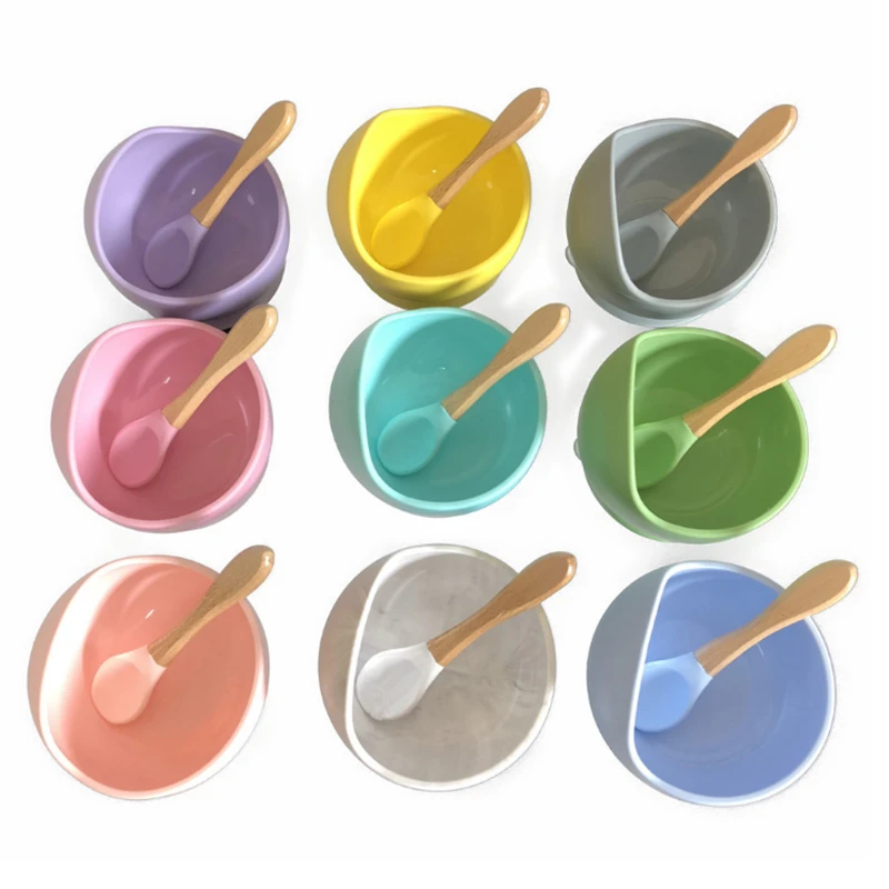 Wholesale Custom Non-Slip Baby Silicone Feeding Bowl With Bamboo Spoon Food Grade
