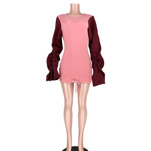 Women&#39;sFashion Style Patchwork Colour sling Fungus sleeve Mini Dress Autumn Winter Clubwear Nightclub