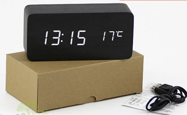 Wooden led digital alarm clock Voice Control USB Charge Time Date Temperature