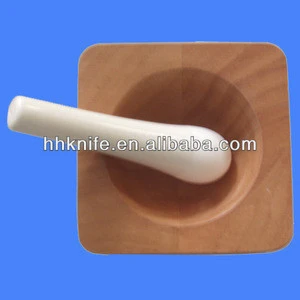 Wooden Mortar and Ceramic Pestle