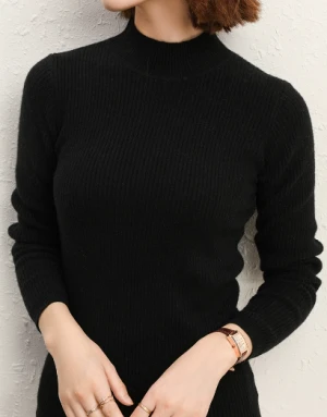 Women's Solid Casual Black Turtleneck Knitted Sweater