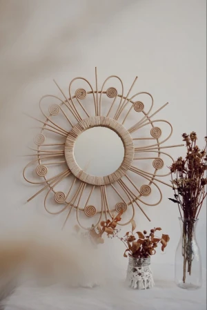 Hot Selling Rattan Mirror Wall Hanging Mirror Handmade Decoration Wall Mirror for Living Room Kitchen Bedroom FBA Amazon
