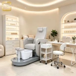 Light Grey Electric Reclining Pedicure Spa Chair With Removable Foot Tub Modern Nail Salon Pedicure Station
