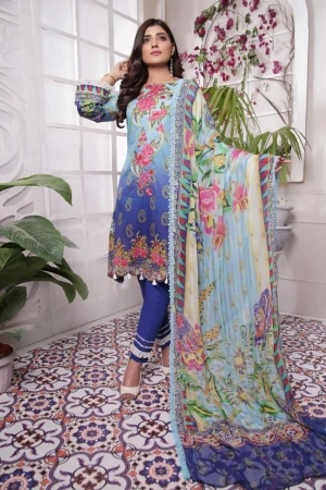 Asian dresses 3piece unstitched dresses collection 2021 Embroidered Neckline Digital Printed Aura Lawn Vol. 11 ALV-05