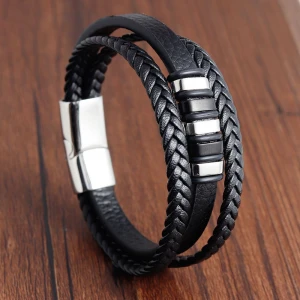 Hot Sale Leather Cord Stainless Steel Braided Genuine Leather Multi-layer Jewelry Bracelet for Men
