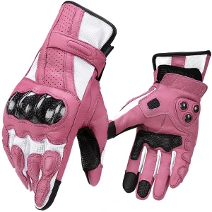 INBIKE Leather Motorcycle Gloves with Carbon Fiber Hard Knuckle Touch Screen for Women Pink