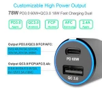 2 port USB C Car Charger,1 Port TYPE-C PD 60W, 1 Fast Charge QC3.0 18W,MAX 78W Power Laptop Power Adapter with USB mobile phone