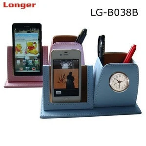 2015 latest pu leather office stationery desk organizer pen pencil holder phone holder with clock