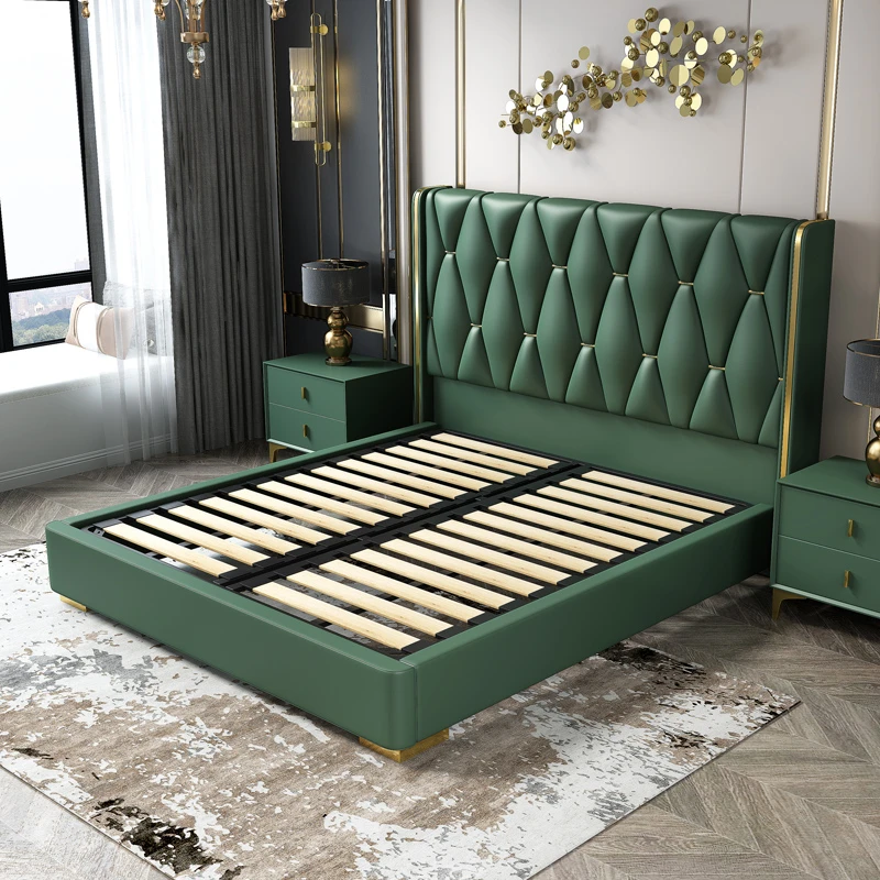 2021 Postmodern stainless steel frame luxury green leather bed queen size high headboard bed frame comfotable bed room furniture