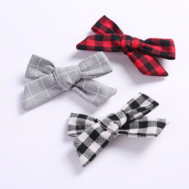 4 Colors Baby Girl Bow Hair Clips Red Black Navy Grey Plaid Checkered Handmade Cotton Linen Plaid Hair Bow on Alligator Clip