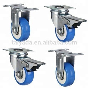 50mm Swivel Rectangle Top Plate Blue PVC Casters Wheel With Double Brakes For Baby Carriges