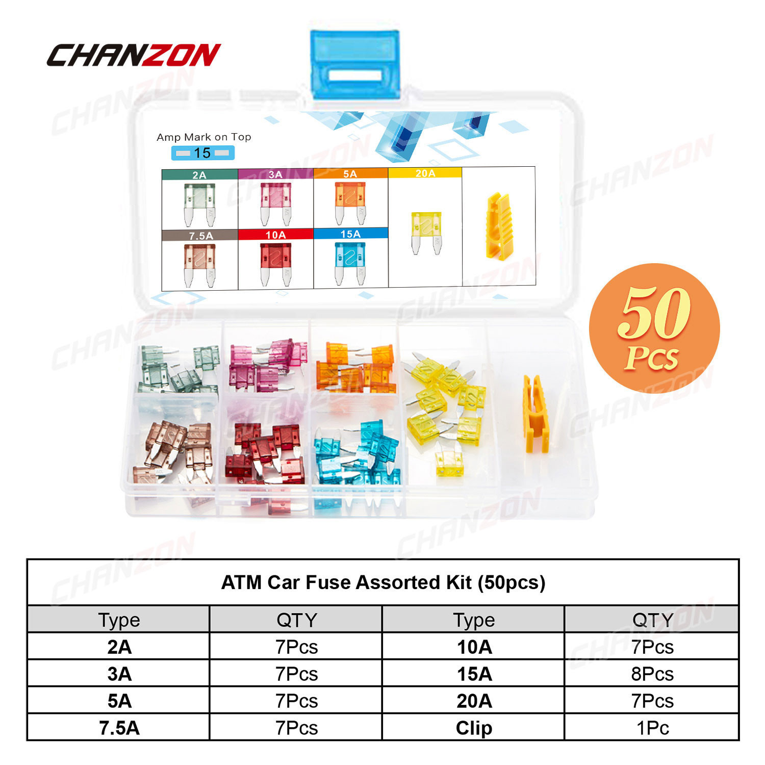 Buy 50pcs Mini Blade Auto Car Fuse Set Atm 2a 3a 5a 7.5a 10a 15a 20a ...