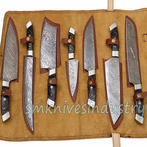7 pieces Hand Made  Double Bolsters Kitchen knives  set with leather kit (Smk1305)