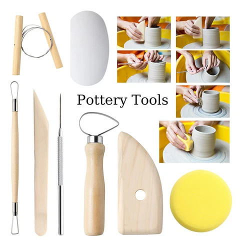 8-Pcs Double Sided Art Clay Tool Set with Wooden Handle Includes Metal Sponge PVC for Modeling Clay Sculpting