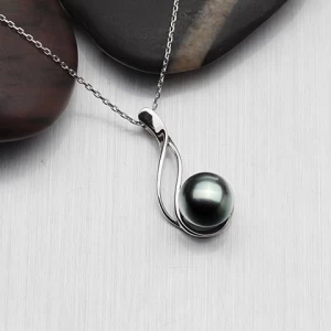 9-10 mm Round Black Pearl Pendant Sterling Silver Anniversary Gifts for Women