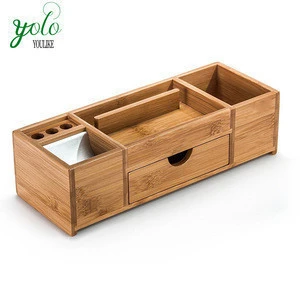 Bamboo Countertop Stand Storage Rack,Natural Wooden Modern Office Desk Caddy Organizer Set For Home And Office