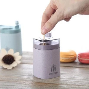 Best selling European household square wheat straw squeeze automatic toothpick holder / high quality kitchen toothpicks storage