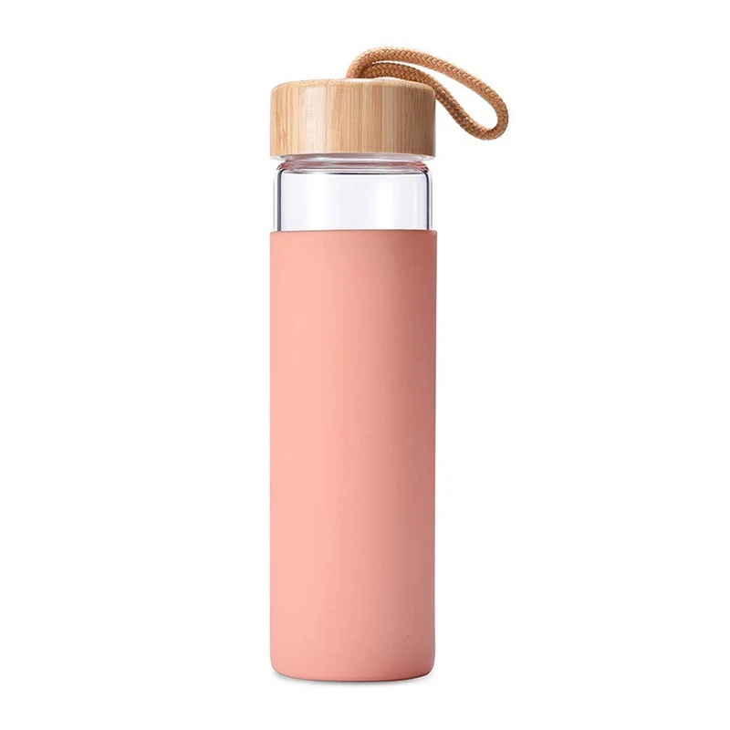 BPA Free Bamboo Lid Protective Silicone Reusable Glass Water Bottle with Silicone Sleeve