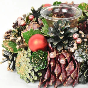 BSCI FSC standing natural pinecone lantern tealight wooden foam decorative for Christmas home decor glass candle holder