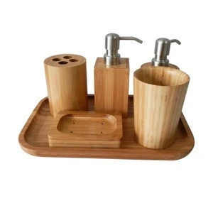 Cheap Bamboo bathroom accessories sets with soap lotion dispenser, toothbrush holder and tray
