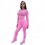 Cheap price plain shirt and stacked pants long sleeve 2 piece set women