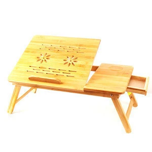 China factory wholesale adjustable bamboo wooden computer desk, portable foldable laptop desk with cup holder cooler fan drawer