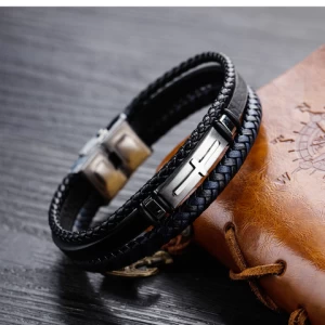 Christian Mens Genuine Leather Bracelet With Adjustable Clasp Braided Wrap Mens MultiLayer Leather Bracelet 2020