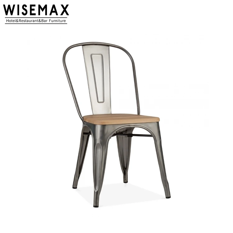 Classic style rustic metal stackable chair metal dining chair industrial dining chair with wood seat
