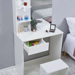 Corner Makeup Dressing Table Dresser with Drawer Mirror Shelves Stool Set White
