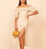 Cotton Linen Women Long Dress Puff Sleeves Off The Shoulder Casual Split Maxi Linen Dress