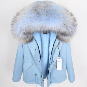 Custermize Oversize Real Raccoon Fur Collar Ladies Hoodie Parkas Artificial fur Coat Women Faux Fur Lined Parka Coat