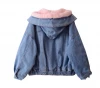 Custom 100% Cotton Denim Shell Girls Real Rabbit Fur Coat with Detachable Fox Fur Hood