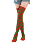 Custom Carnival stockings Breathable womens solid color striped over knee socks Red purple green twill stockings