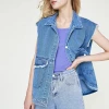 Custom Casual high quality jeans clothing  Ladies blue Collared Denim Vest Sleeveless Denim Jackets For women