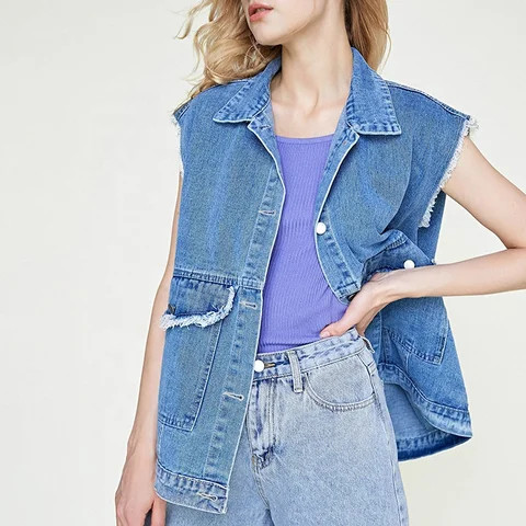 Custom Casual high quality jeans clothing  Ladies blue Collared Denim Vest Sleeveless Denim Jackets For women