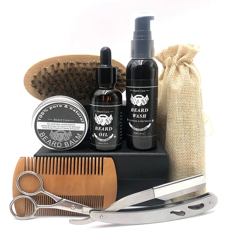Customize LOGO for 100Pcs Private Label Custom Mens Beard Care Set Gift Grooming Beard Growth Kit Balm Brush Comb Beard Oil
