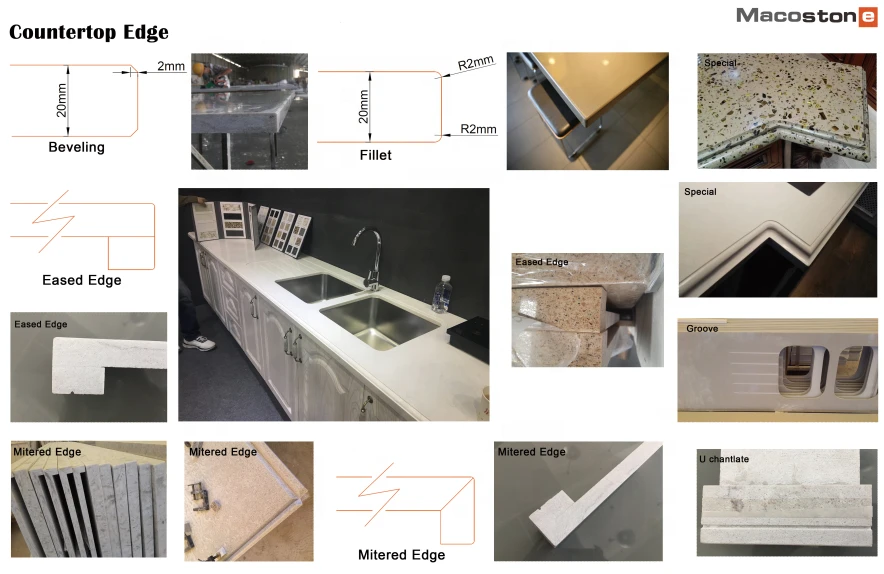 Cut-To-Size Prefab Integrated Quartz Sink Countertop for Kitchen Island, Bathroom Countertop