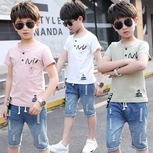 Cute Twin Beautiful Big Boy Clothes Funny Boutique Two-Piece Suit Ripped Jeans Children Clothes Boys Clothing Sets