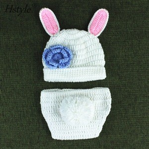 Cute White Rabbit Style Baby Infant Newborn Hand Knitted Crochet Hat Costume Baby Photograph Props Set A063
