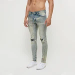 DiZNEW OEM heavy washed distressed rhinestones jeans with hole patches men jeans trousers