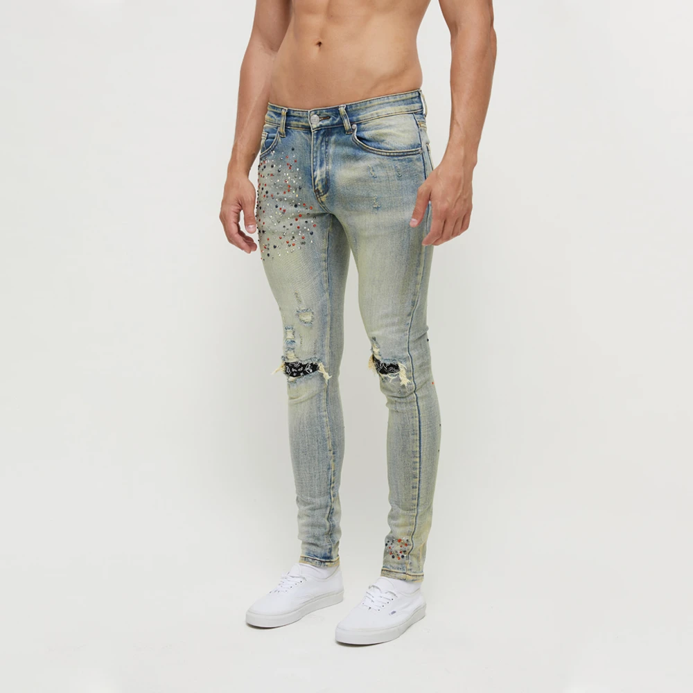 DiZNEW OEM heavy washed distressed rhinestones jeans with hole patches men jeans trousers