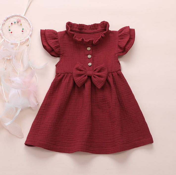 Dress summer skirt 6M-5T cotton linen crepe flapper sleeve stitched bow solid color princess dress Girl