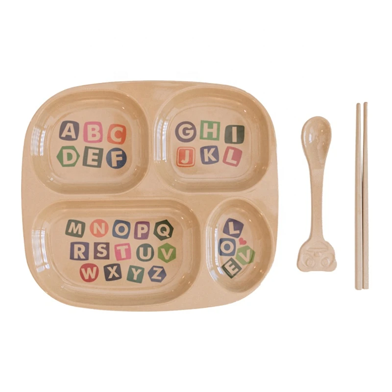 Durable Rectangle Dinner Plate with 4 Compartment Color Letter Printing Adult and Kid Food Dish Plate with Spoon and Chopsticks