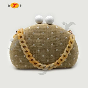 Evening bag wholesale best-selling PP grass woven fabric handbag ladies acrylic shoulder chain stylish clutch bag