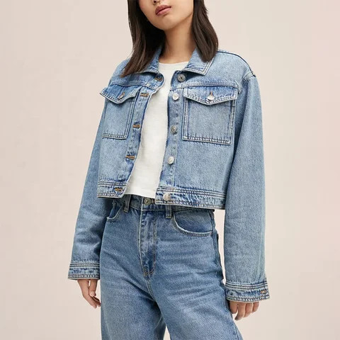 Fashion  Women Cropped Denim Jacket Long Sleeves Blue Black Crop  Jean Jacket For Women